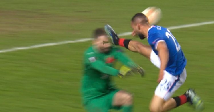 Kemar Roofe's horror kung fu tackle to face leaves Slavia keeper on stretcher