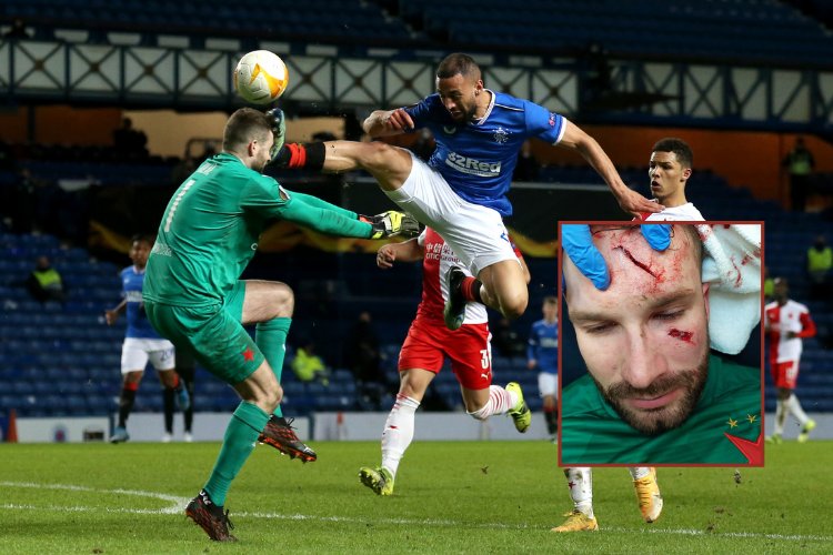 Slavia Prague goalkeeper Ondrej Kolar suffers skull fracture after gruesome Kemar Roofe challenge