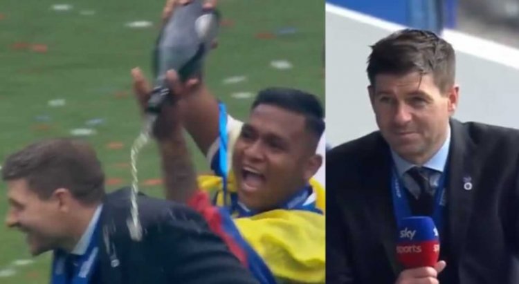'That's another fine for him' - Steven Gerrard is soaked in champagne by Alfredo Morelos