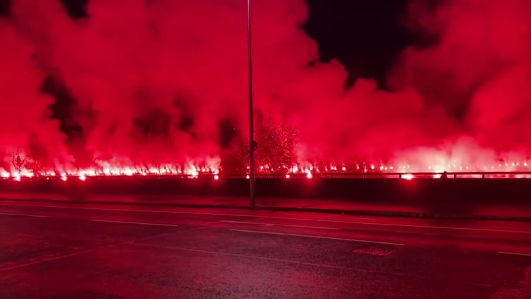 Rangers fans turn River Clyde red as supporters 'cause flare shortage'